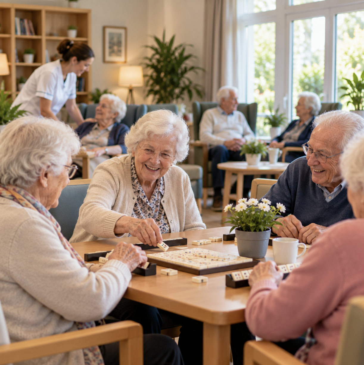 Conditions d’entrée en maison de repos en Belgique : âge, santé et admission Groupe de personnes âgées dans une salle d’activités en maison de repos en Belgique, illustrant la vie des résidents.